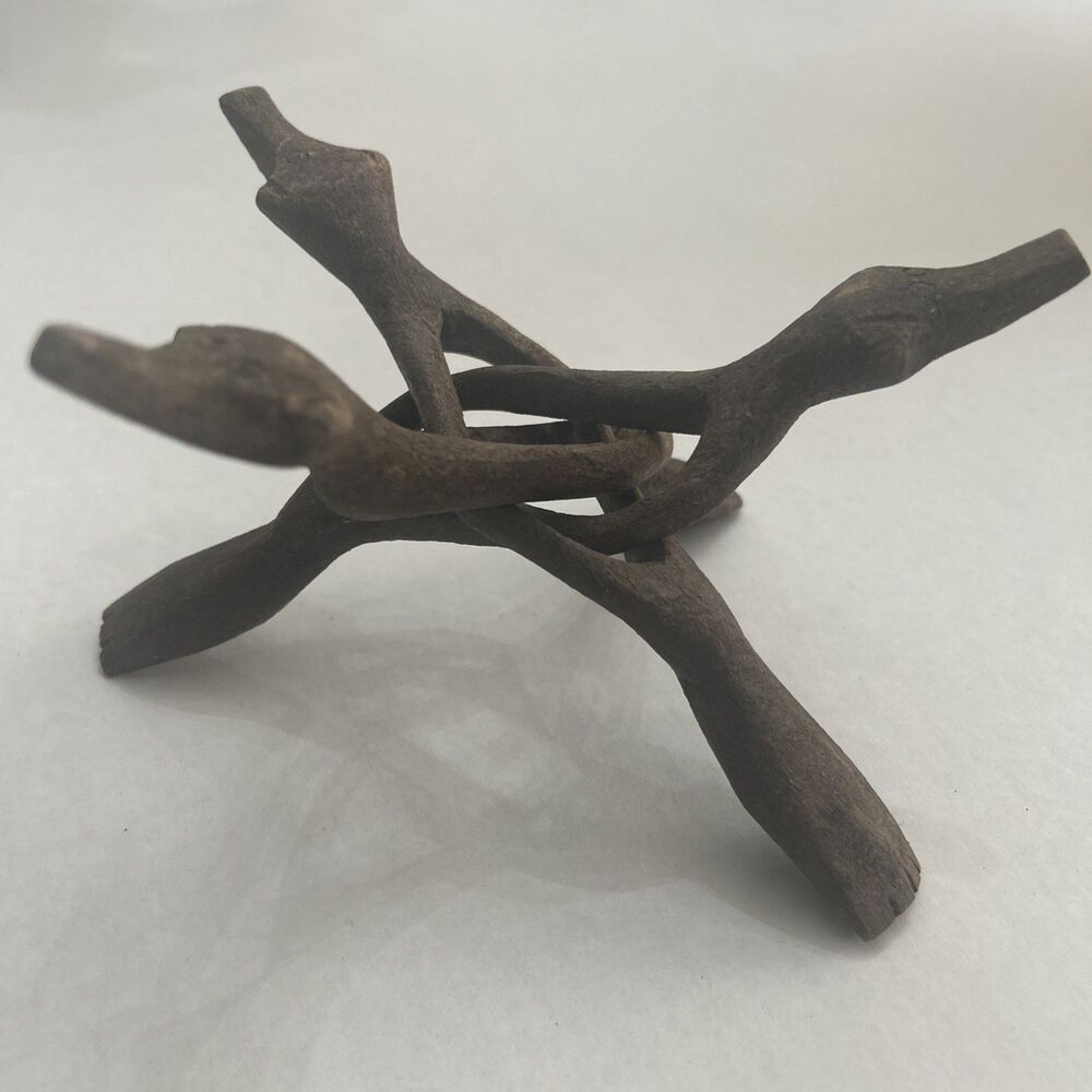 Vintage Hand Carved Wooden Folding Tripod Bowl Holder